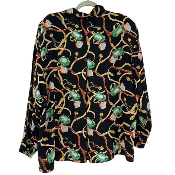 Vintage 100% Silk Blouse Novelty Print Chain Purse Print Size 3XL Piano Brand - Picture 2 of 5